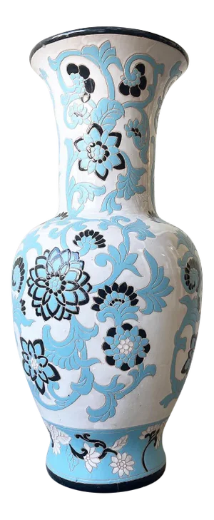 Asian White Black and Blue Lotus Flower Pottery Floor Vase