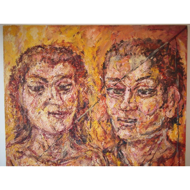 Interesting, large-scale abstract expressionist nude painting by PETER PASSUNTINO (b. 1936). Thick impasto oil paint on...