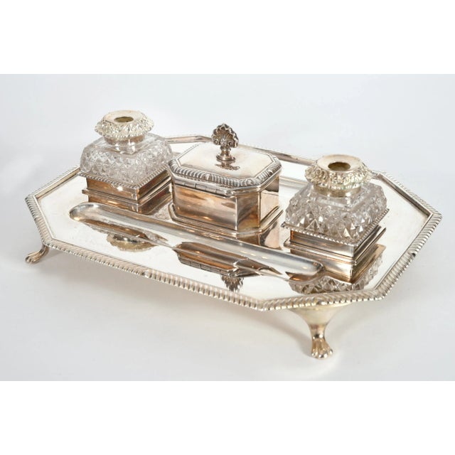Vintage English silver plated / copper Georges III style footed inkwells with stand . All together three Pieces The stand...