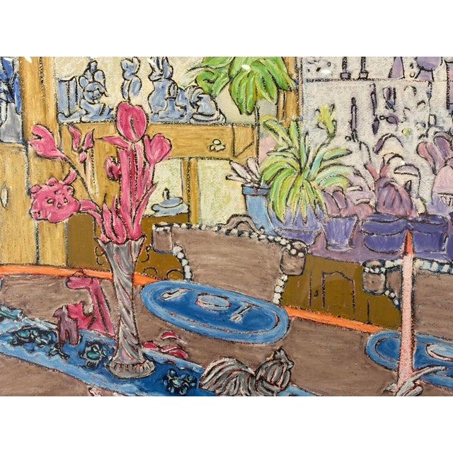 Expressive and vibrant mixed media painting/drawing of a lively dining room table scene.