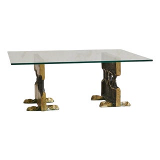 Cast Bronze Base Coffee Table with Glass Top Attributed to Valenti, 1970s For Sale