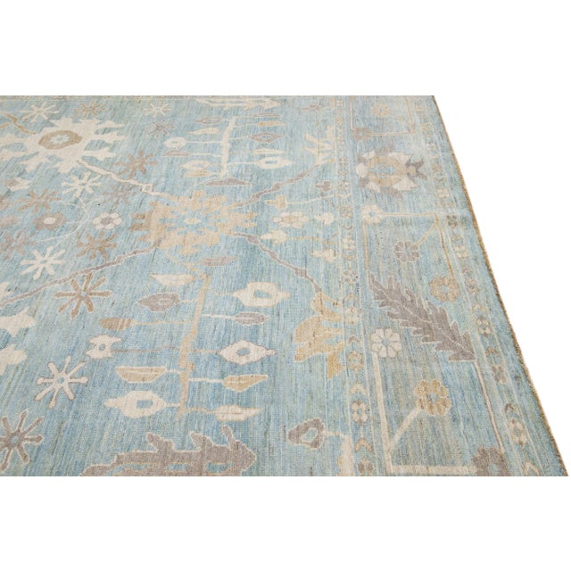 Mid 20th Century Modern Persian Sultanabad Blue Handmade Floral Wool Rug For Sale In New York - Image 6 of 11