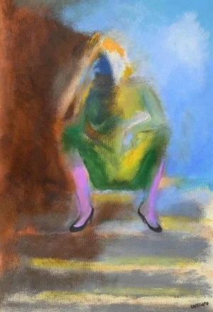 Roberto Cuccaro, Crouching Girl, Original Gouache on Paper, 2000s