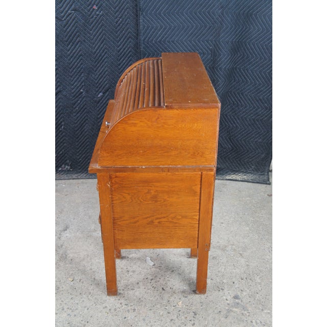 Brown Antique Victorian Oak Childs Cylinder Roll Top Library Writing School Desk Table For Sale - Image 8 of 12