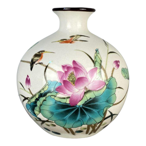 Vintage Chinese Crackle Glaze Famille Rose "Lotus & Koi" Vase With Stand - 17cm