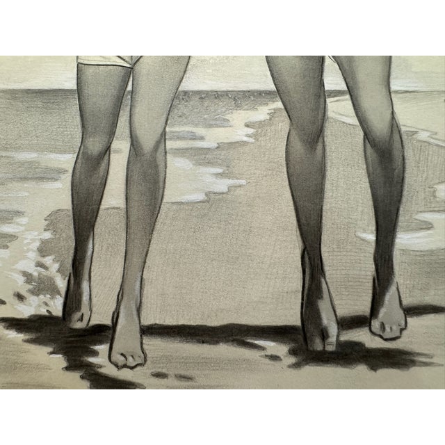 Illustration Original Signed Graphite Illustration of Couple Walking Along the Beach, 11 X 8 In. For Sale - Image 3 of 6