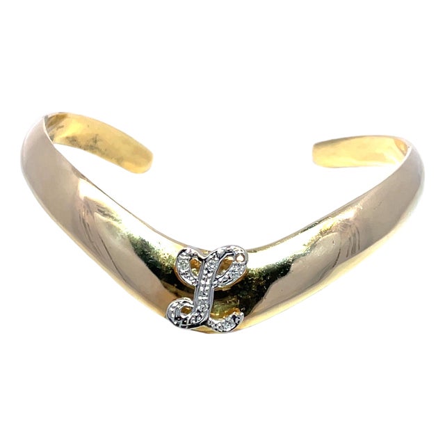 14k Yellow Gold Open Cuff Diamonds Inlaid Letter "L" Bangle For Sale