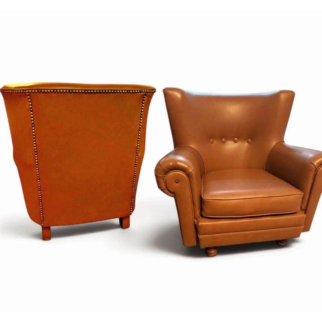 Copper A Pair of Vintage 1935 Frits Henningsen Style Wingback Armchairs. For Sale - Image 8 of 10