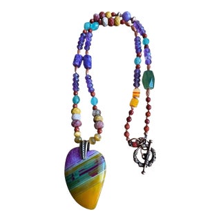 Artisan Multigemstone Necklace With Agate Heart Pendant and Patinated Copper For Sale