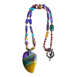 Artisan Multigemstone Necklace With Agate Heart Pendant and Patinated Copper