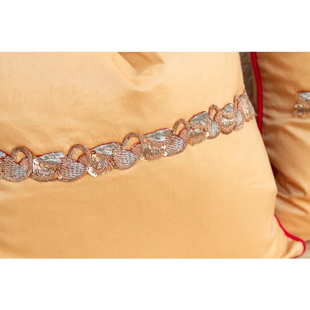 1990s Pair of Gold Zardozi-Embroidered Silk Pillow Covers, Embroidered Band For Sale - Image 5 of 8