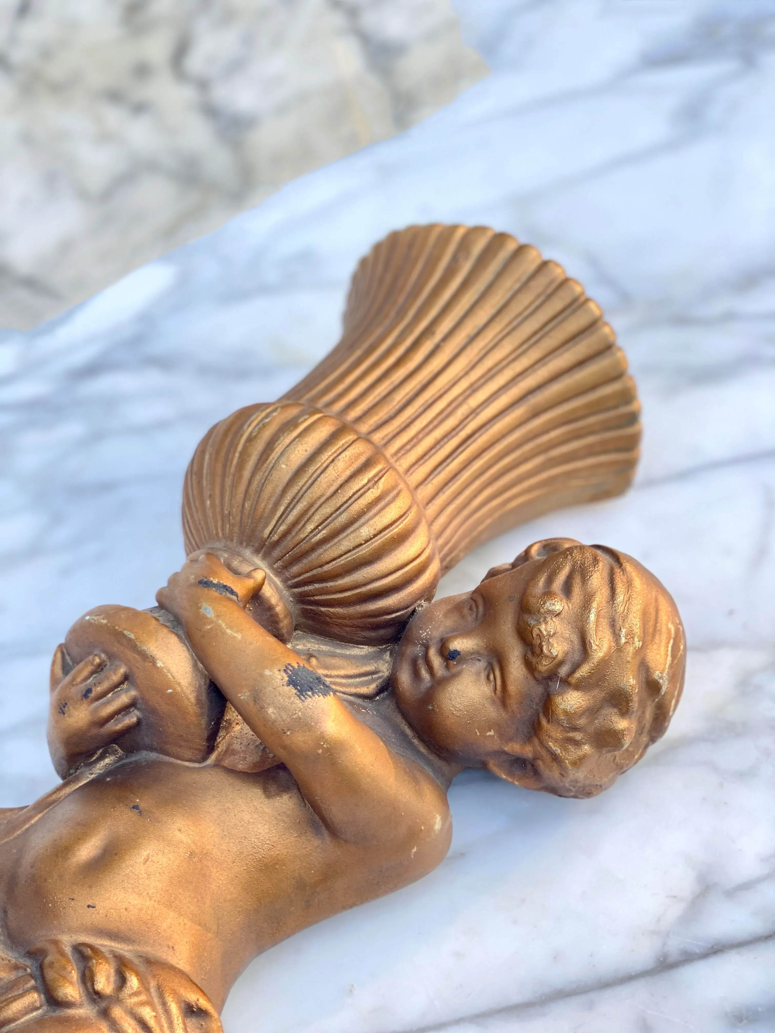 Vintage Hollywood Regency Gold Chalkware Cherub Hanging Wall