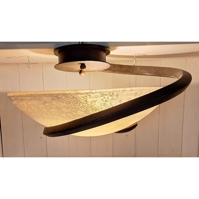 Postmodern Vintage Italian Ceiling Lamp with Curved Metal Frame and Frosted Glass Shade from Lamp International, 1980s For Sale - Image 3 of 15