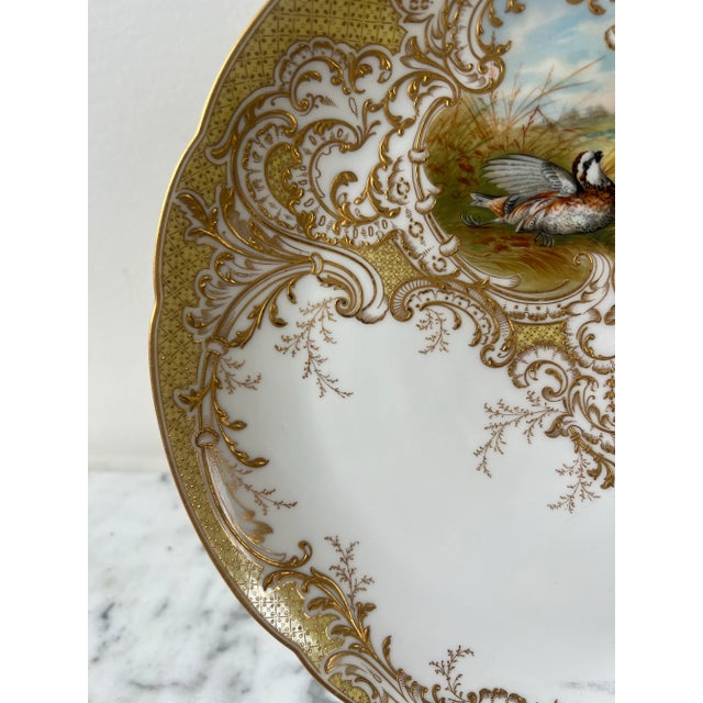 “The American Quail” After A. Pope Mustard Color, Handpainted, and Marked Decorative Porcelain Plate With 18kt Gold For Sale - Image 4 of 6