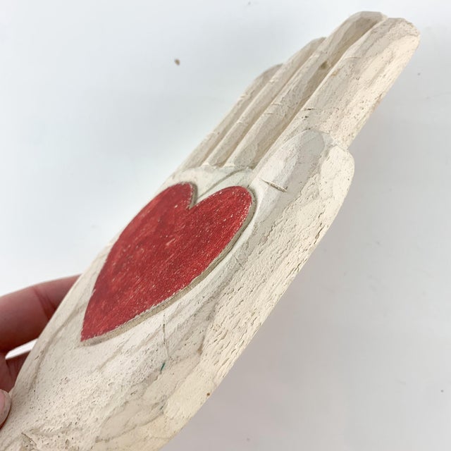 Folk Art Vintage FJJ Slimak Rose Kern Hand Heart Sculpture Folk Art 1991 Painted Wood For Sale - Image 3 of 7