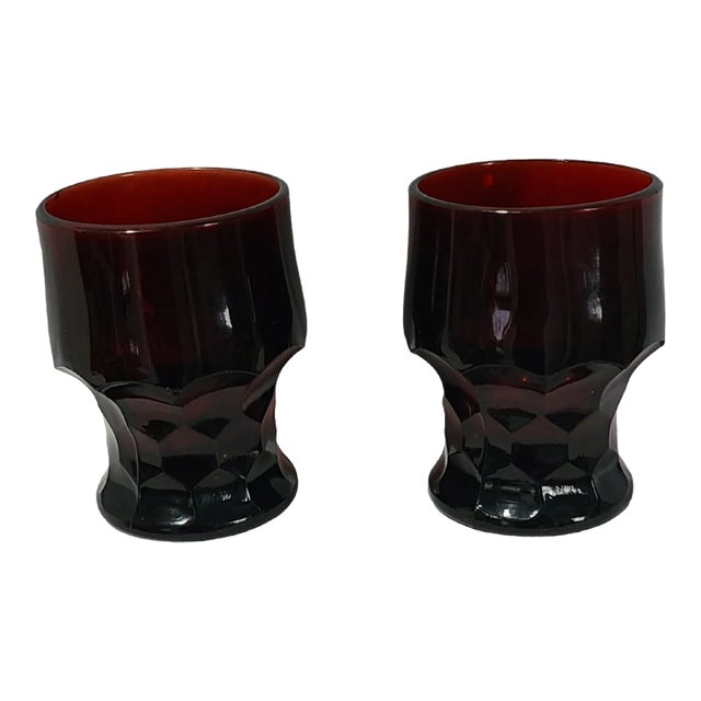 Vintage Pair of Deep Ruby Red Anchor Hocking Honeycomb Georgian Glasses Marked #S6 For Sale