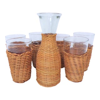 Vintage Rattan Wine Carafe and Glasses - Set of 7 For Sale