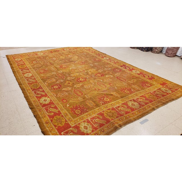 Antique Oushak Carpet, Oriental Rug, Handmade Green, Saffron, Ivory and Coral For Sale - Image 15 of 18