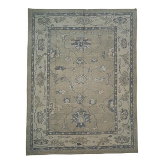 Turkish Oushak Rug Olive & Blue Handwoven Wool Rug 10'3" X 14'4" For Sale