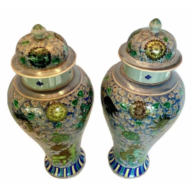 Ceramic Pair of Mid 20th Century Chinese Porcelain Famille Rose Reproduction Foo Dog Temple Jars For Sale - Image 7 of 9
