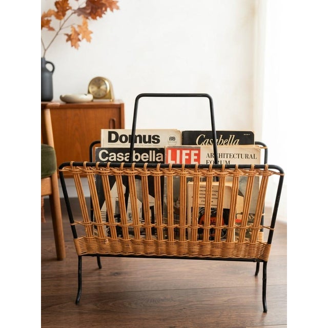 Mid-Century Modern Woven Rattan and Black Wrought Iron Magazine Rack, 1950s For Sale - Image 12 of 12