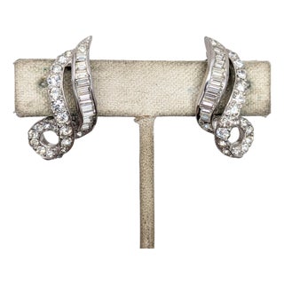 Vintage 1960s Signed Kramer Rhodium Plated Clear Rhinestone Clip Earrings-2 Pieces For Sale
