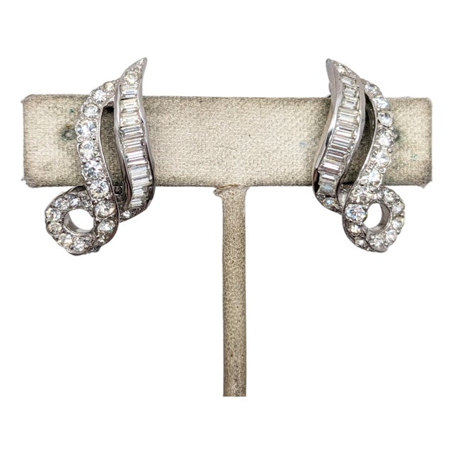 Vintage 1960s Signed Kramer Rhodium Plated Clear Rhinestone Clip Earrings-2 Pieces For Sale