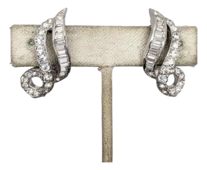 Vintage 1960s Signed Kramer Rhodium Plated Clear Rhinestone Clip Earrings-2 Pieces