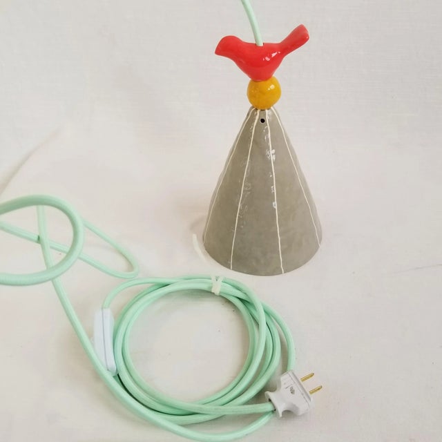 Contemporary Handmade Ceramic Pendant Light, Gray With Red Bird For Sale - Image 3 of 4