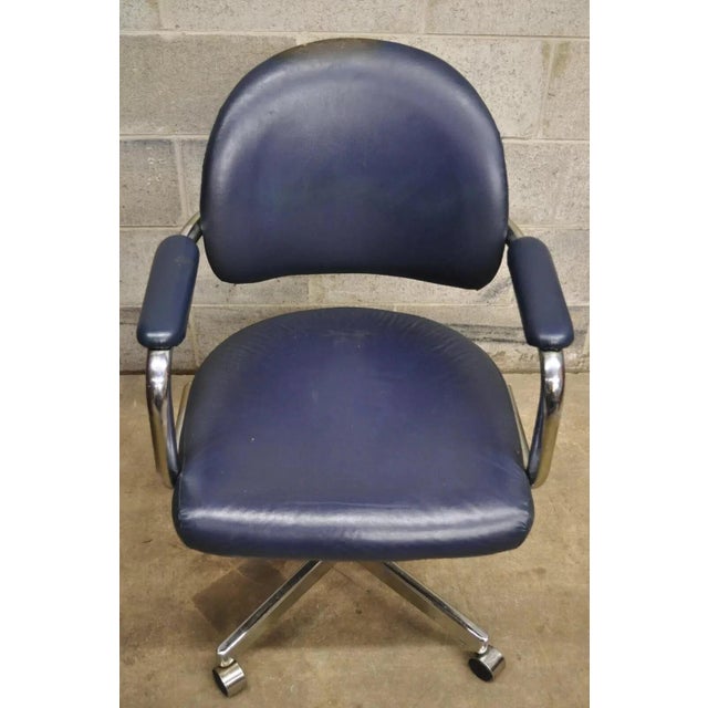 Mid-Century Modern Vintage Chromcraft Mid Century Modern Blue Vinyl Rolling Office Desk Chair (B) For Sale - Image 3 of 12