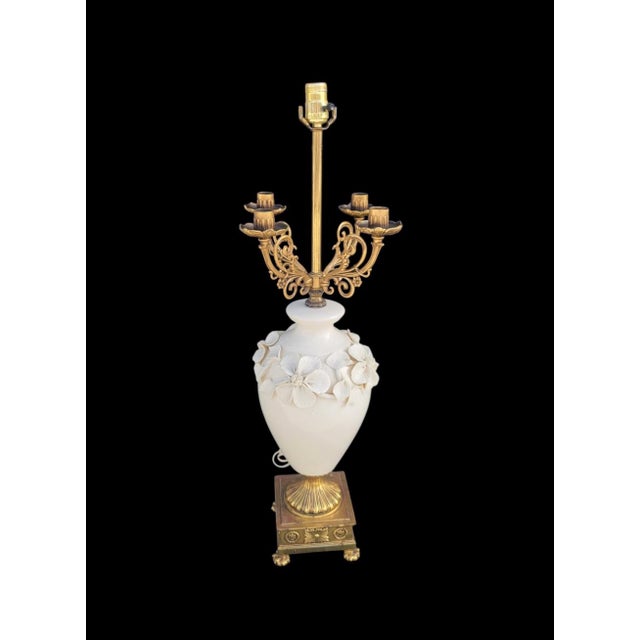 Vintage Huge Marbro Style Porcelain Urn Candleabra Style Raised Leaf Brass Table Lamp For Sale - Image 9 of 12