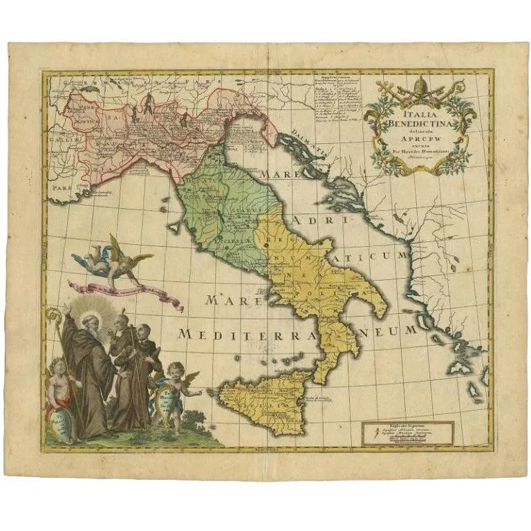 Benedictine Map of Italy with Various States of the Church, 1745 | Chairish