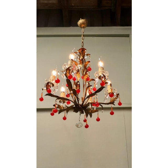 Hollywood Regency Large French Chandelier with Lipstick Red Teardrops, 1950 For Sale - Image 3 of 9