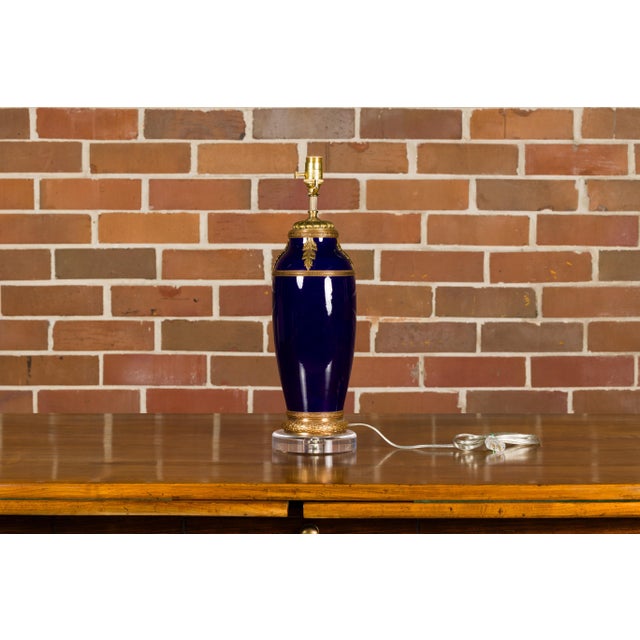 19th Century French Blue Cobalt Vase Made into a Table Lamp on Lucite For Sale - Image 9 of 12
