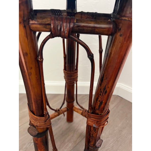 Vintage-Style Burnt Bamboo and Rattan Plant Stand -Accent Drink Side Table For Sale - Image 11 of 12