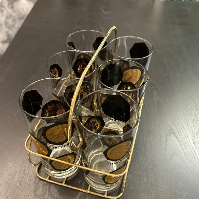 1950s Vintage Coins Around the World Highball Glasses in Original Brass Caddy 7 Pieces Total For Sale - Image 9 of 10