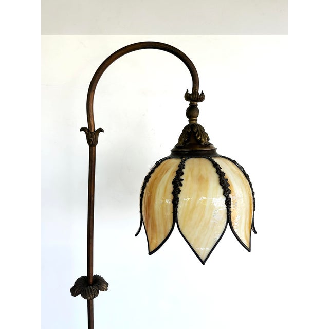 Art Nouveau Style Bridge Stained Glass Tulip Shade Floor Lamp For Sale In Miami - Image 6 of 13