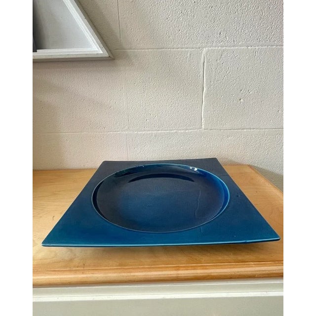 Square Blue Glazed Ceramic Plate, Italy, 1970s For Sale - Image 3 of 7