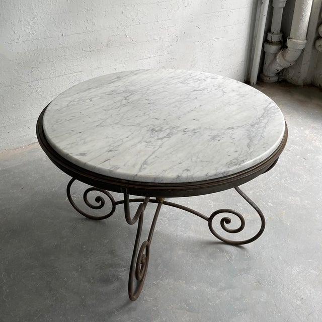 Gray Hollywood Regency Scrolled Steel and Marble Round Dining Table For Sale - Image 8 of 11