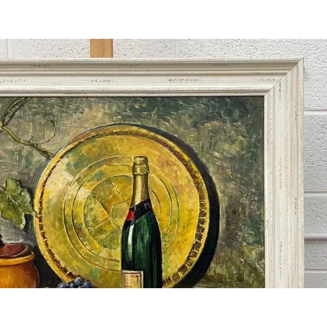 Vintage Champagne Bottle With Grapes Still Life Oil Painting by 20th Century Artist, 1985 Circa For Sale - Image 11 of 12