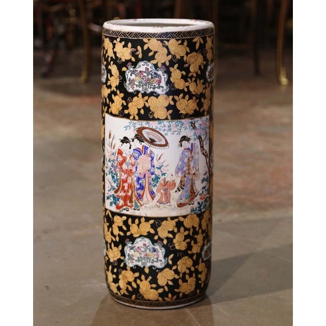 Mid 20th Century Mid-Century Chinese Painted & Gilt Famille Rose Porcelain Umbrella Stand For Sale - Image 5 of 9