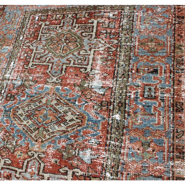 Early 20th Century Distressed Antique Persian Karadjeh Rug With Geometric Medallions and Accents For Sale - Image 5 of 13