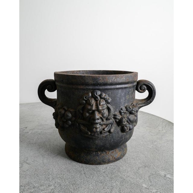A rare, early and iconic pair of swedish mid century modern / grace cast iron urns with a decorative decor model "bacchus"...