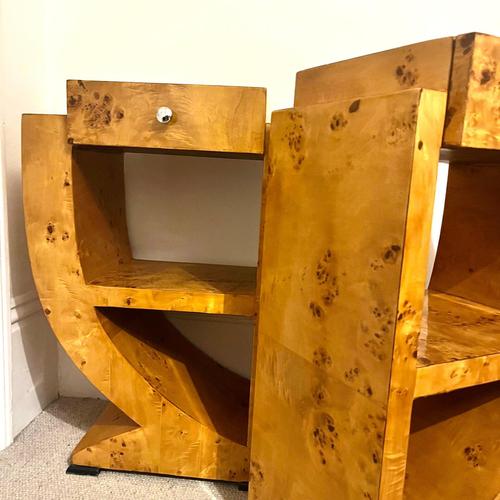 A pair Art Deco style burr Walnut nightstands with 1 drawer with round chrome handle lower shelf Excellent condition...