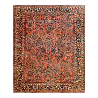 1920s Raspberry Pink Classic Medallion Antique Persian Sarouk Carpet 9' 6" X 12' Knotted Wool Rug For Sale