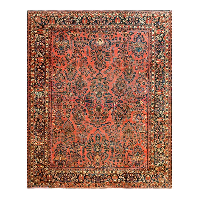 1920s Raspberry Pink Classic Medallion Antique Persian Sarouk Carpet 9' 6" X 12' Knotted Wool Rug For Sale