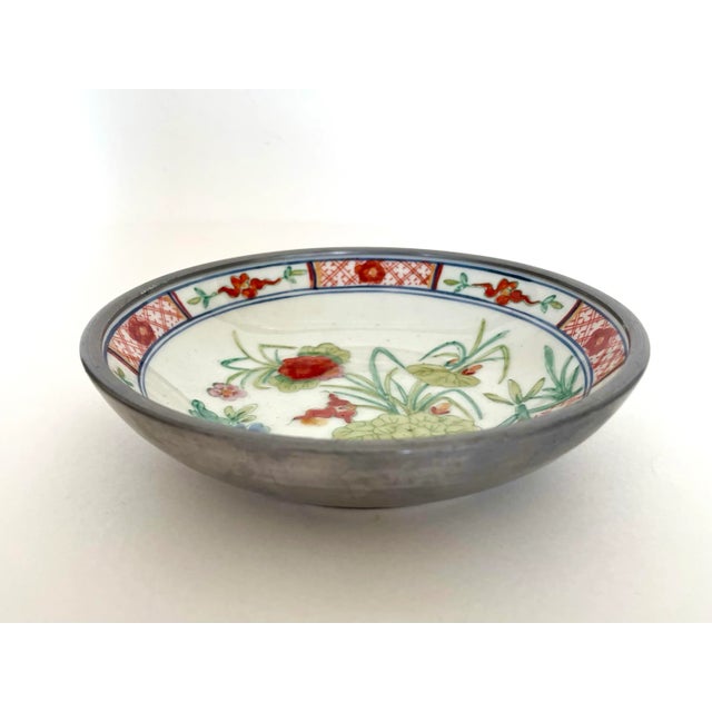 1970s Japanese Pewter Encased Porcelain Decorative Bowl For Sale - Image 4 of 5