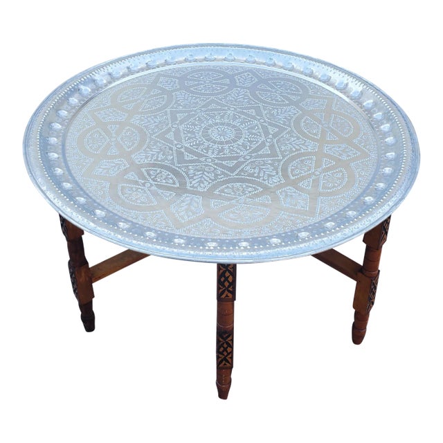 Moroccan Silver Tray Table With Wooden Folding Base and Silver Finish For Sale