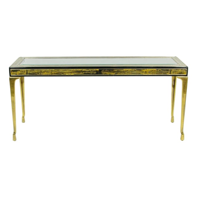 Bernhard Rohne for Mastercraft Ebonized & Etched Brass Console Table – Asian Taste, 1970s For Sale