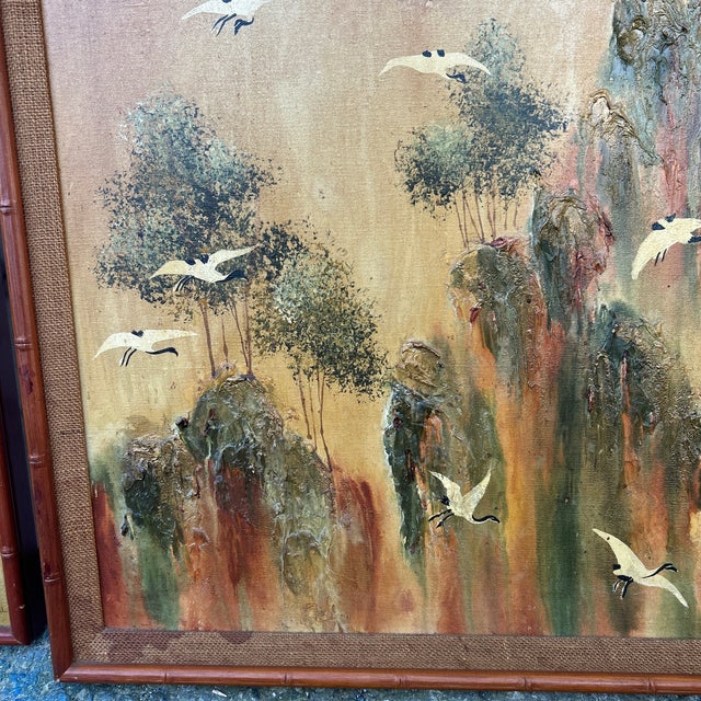 Mid-Century Modern 1960s Mid-Century Modern 3-Panel Triptych Painting by Thomas Pell Soaring Cranes & Landscape For Sale - Image 3 of 12